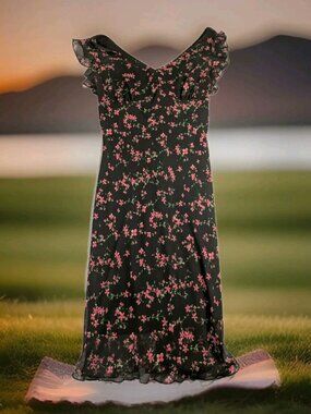 Vintage D.B.Y 90s Midi Dress Womens Size M  Ruffle Cap Sleeve Black Pink Floral